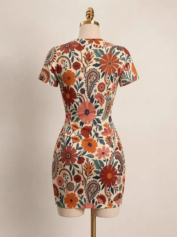 Womens Short Sleeve Bodycon Mini Dress Slim Fit Crew Neck Floral Print Casual Summer Party Cute Stretch Trendy Vacation Sundress — image 3