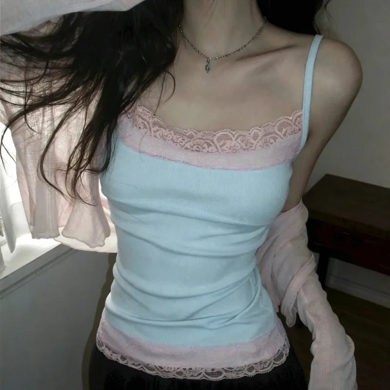 Sexy Lace Trim Patchwork Camisole Y2K Sleeveless Spaghetti Straps Cami Tops Summer Vacation Clothes Women Tank Coquette