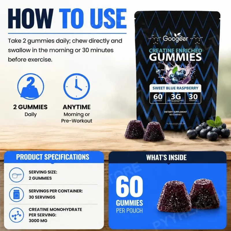 Creatine Monohydrate Gummies for Strength Support During Training Post-Workout Recovery Support Blue Raspberry 60 Gummies — image 6