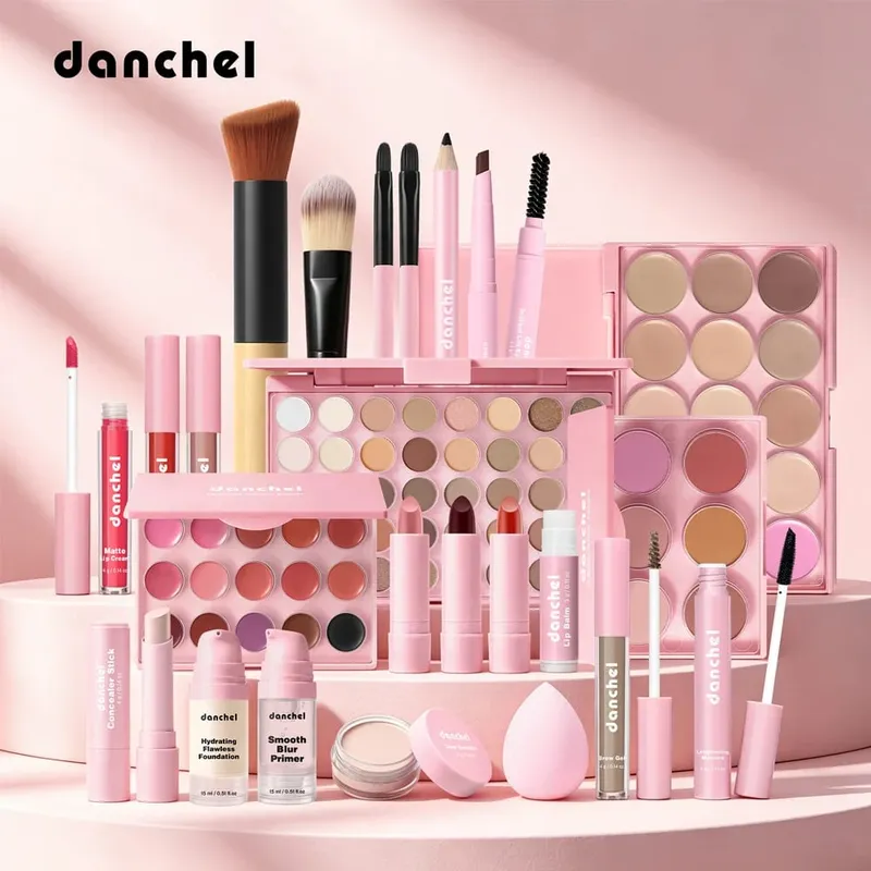 All in One Makeup Kit Lipstick Blush Contour Palette Primer Foundation Brush Lipgloss Eyebrow Full Makeup Kit Gift for Woman