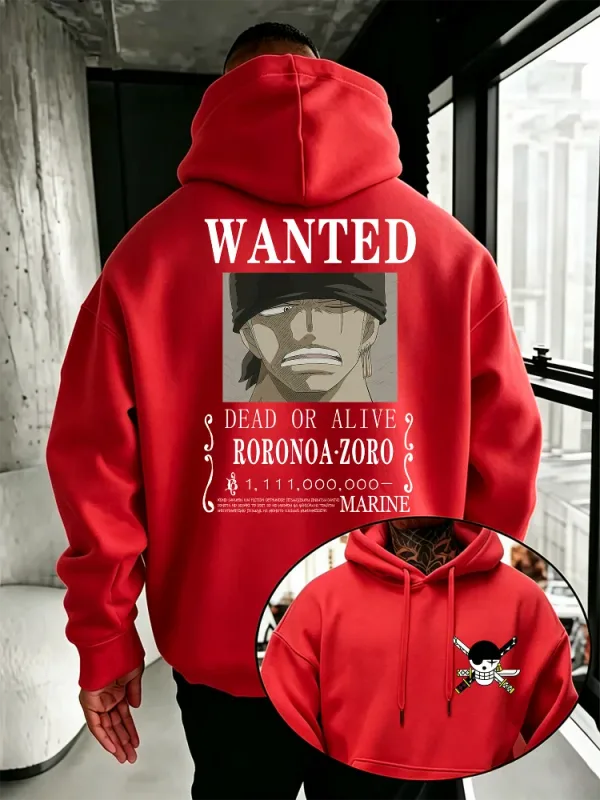 Bandai One Piece Mens Hoodie New Autumn Winter High Quality Warm Pullover Featuring Zoro Wanted Poster Print Casual Style