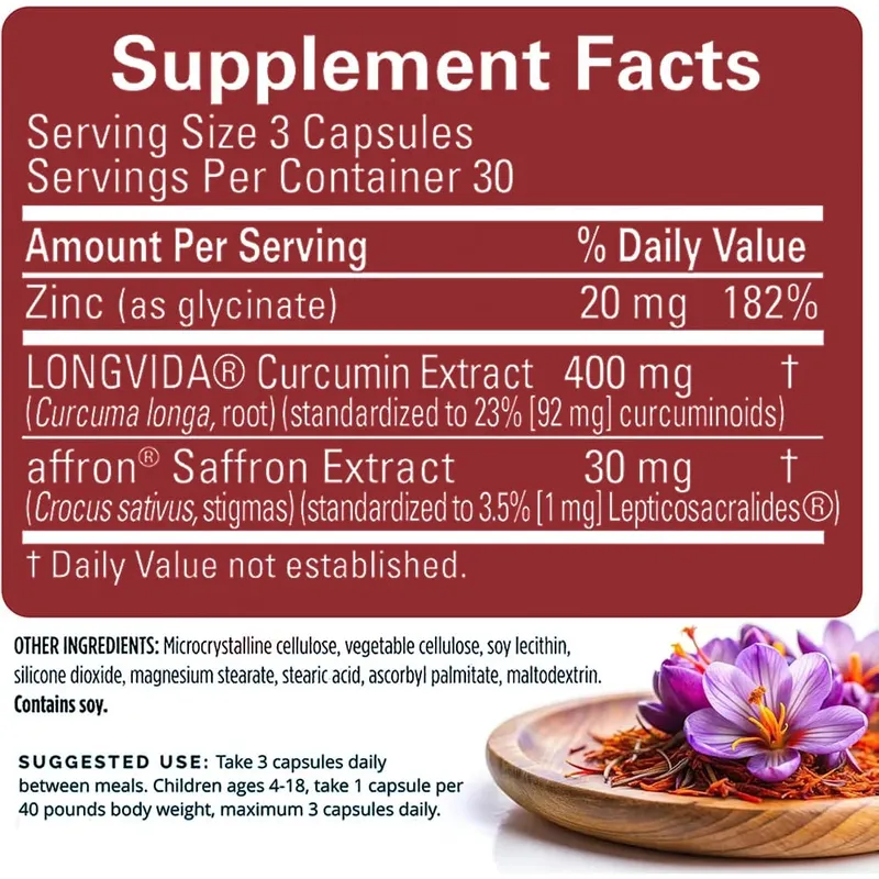 Saffron Supplements With Saffron Flower Extract Curcumin & Zinc for Mood Memory & Eye Health Joint Supplements for Men Women