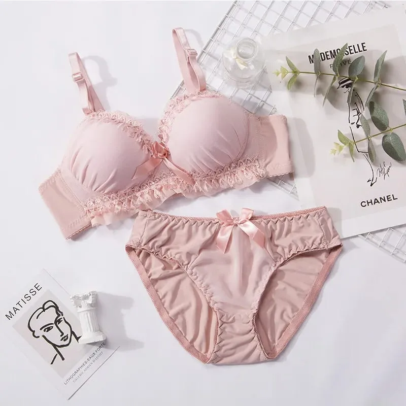 Women Lingerie Set Soft Memory Wire Ruffle Lace Bow Decor Intimate Underwear Suit No Pads Thin Breathable Adjustable Straps