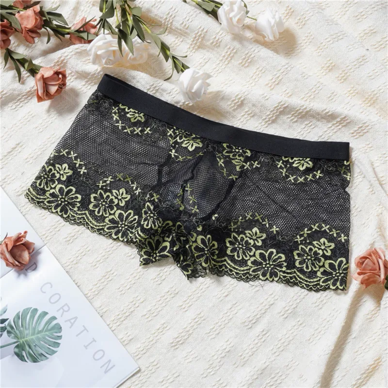 Men Lace Jacquard Mesh Boxer Shorts Underwear Hollow Temptation Exotic Trunks Silk Soft Quick Dry Breathable Sexy Panties