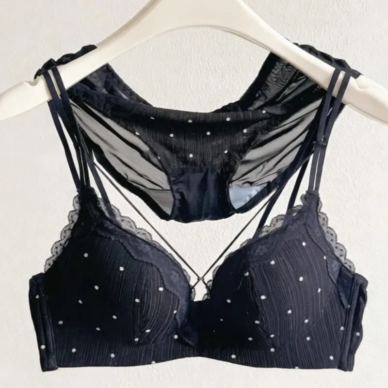 Elegant Japanese Polka Dot Bra & Brief Set Push Up Plunge Small Bust Lift Support Anti Sag Side Coverage Adjustable Comfort