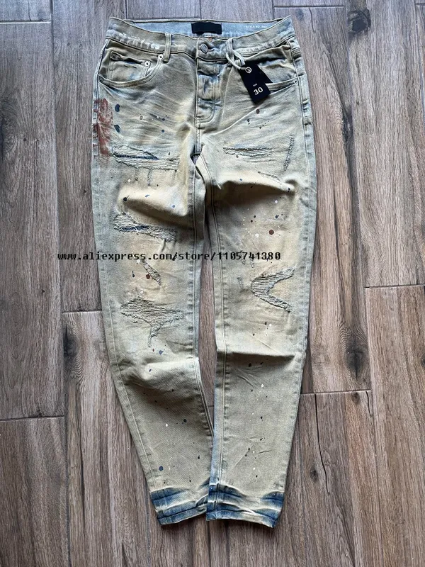 Men's High Street Distressed Washed Light Blue Graffiti Damaged Holes Stretch Skinny Button Fly Ripped Jeans Pants