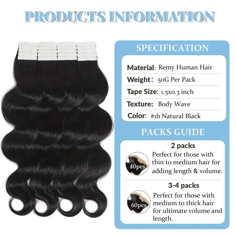 Tape In Hair Extensions Body Wave Remy Human Hair Adhesive Replaceable Seamless Skin Weft Tape 20/40pcs Hair For Women 24 Inches