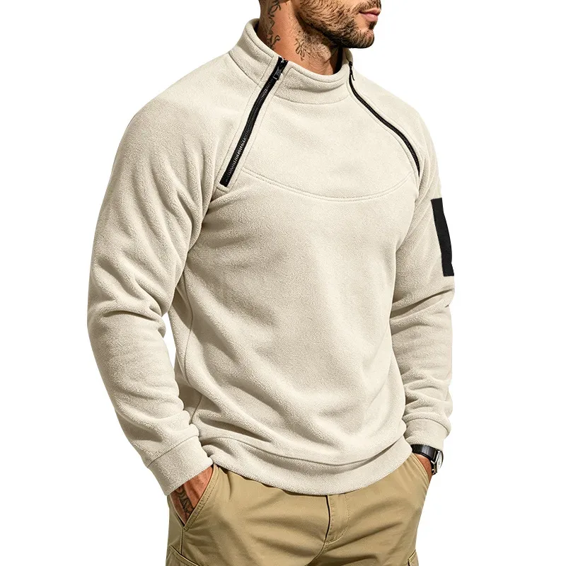 Men Fleece Stand Collar Sweatshirt Diagonal Zipper Arm Pocket Long Sleeve Loose Casual Pullover Autumn Winter Outdoor Tops — image 15