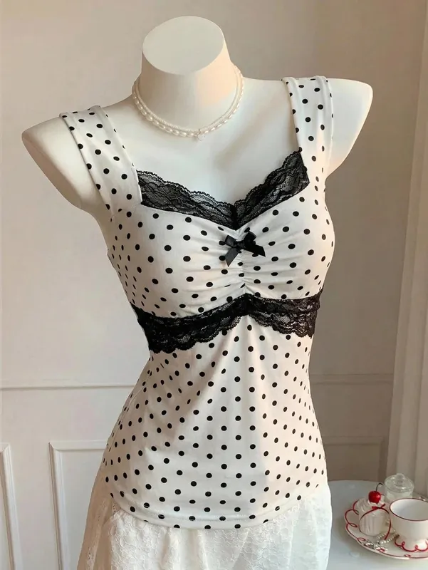 Women's Sexy Lace Trim Pleating Chest Bow Decor Slim Fit Tank Top Casual Backless Polka Dots V-Neck Top Summer 2026