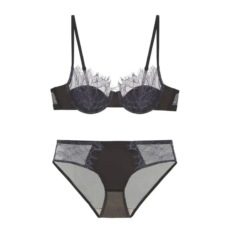 Women Sexy French Eyelash Lace Bra Set Hollow‑Out Lightweight Thin Comfort Push‑Up Lingerie Suit Skin Friendly 34‑38