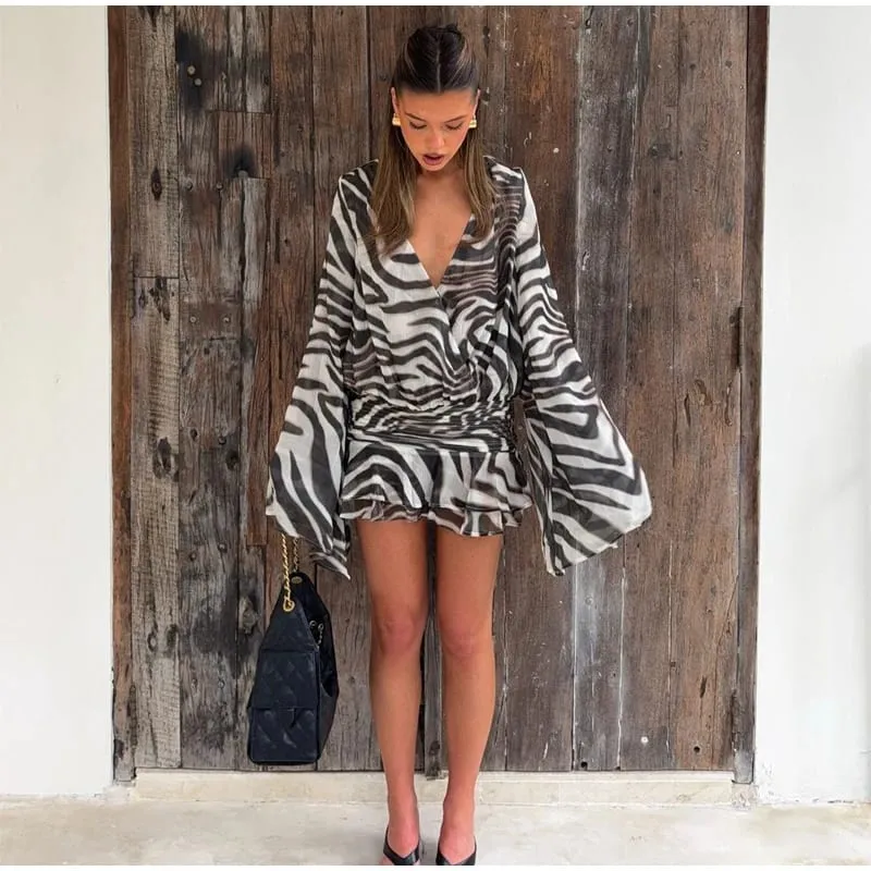 Chic Zebra Print Long Sleeve Women Dresses Sexy Deep V-neck Waist Pleats Loose Fit Dresses 2026 Lady Summer Party Club Vestidos