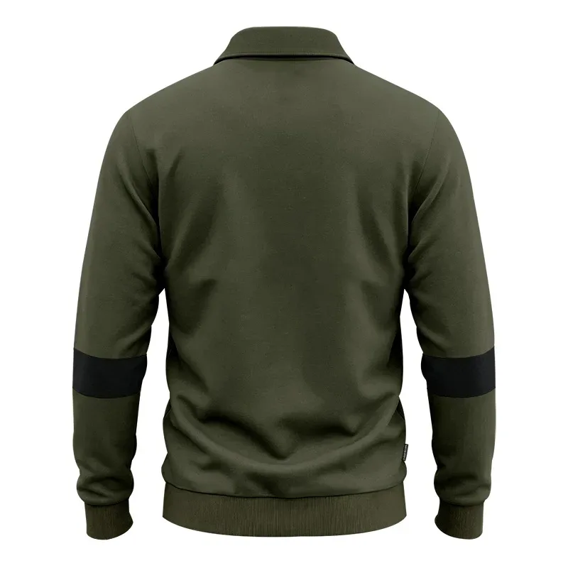 Men Lapel Polo Sweatshirt, Color Block Long Sleeve Pullover, Loose Solid Casual Top for Spring Autumn Daily Outfit