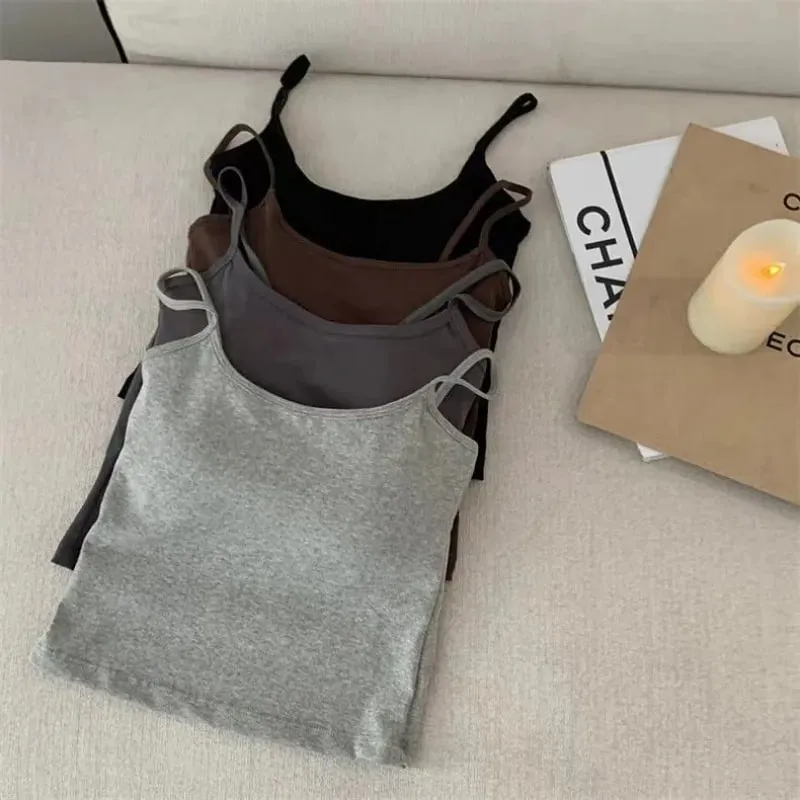 2PCS/SET Women's Basic Cotton Camisole madam Solid Color Spaghetti Straps Sleeveless Slim Vests Breathable Short Sleeveless Tops