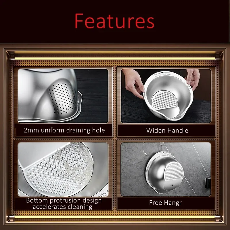 LFGB Certification 316L Stainless Steel Kitchen Washing Basin 99.9% Anti-bacterial Rice Fruit and Vegetable Cleaning Strainer