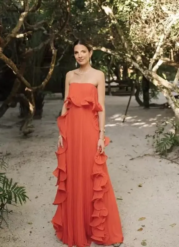 Trendy Women Summer Holiday Dress Orange Pleated Chiffon Long Formal Dresses Custom Made Ruffled Strapless Beach Party Dress