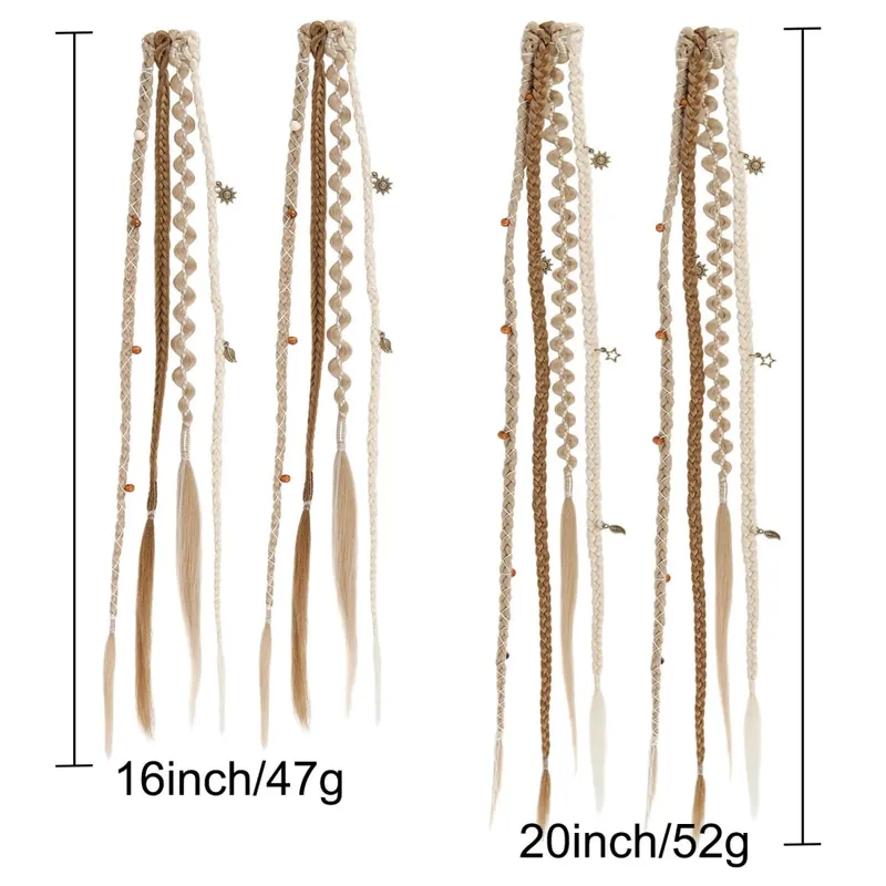 Clip in Braided Hair Extensions for Women Boho Dreadlock Clip in Braids with Beads 2pcs Handmade Synthetic Braided Hairpieces — image 6