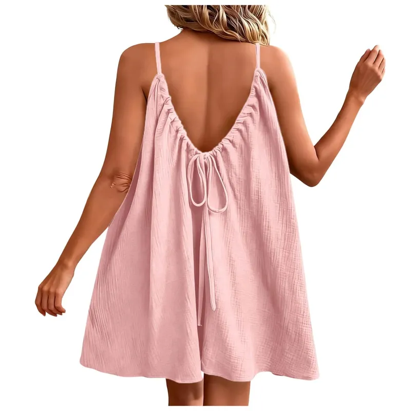 Summer Women's Cotton Linen Mini Dress 2026 New Bohemian Spaghetti Straps Dresses Backless Sundress Loose Holiday Party Robe