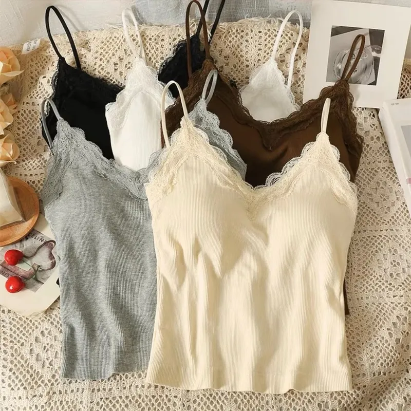 High Quality Fashion Breathable Lace Camisole Strap Bra Solid Color Summer Top Sexy Style Wire-Free Crop Top