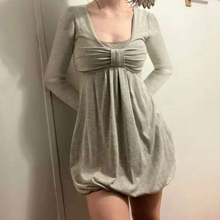 Elegantní sladká mašle Patchwork Falešné dvoudílné šaty Sexy šaty s čtvercovým límečkem pro ženy S dlouhým rukávem Volné Vestidos Dámské