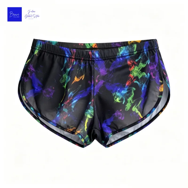 Men Galaxy Smoke Print Split Hem Ice Silk Trunks Low Rise Quick Dry Slim Lounge Shorts Lightweight Breathable Underwear for Gym