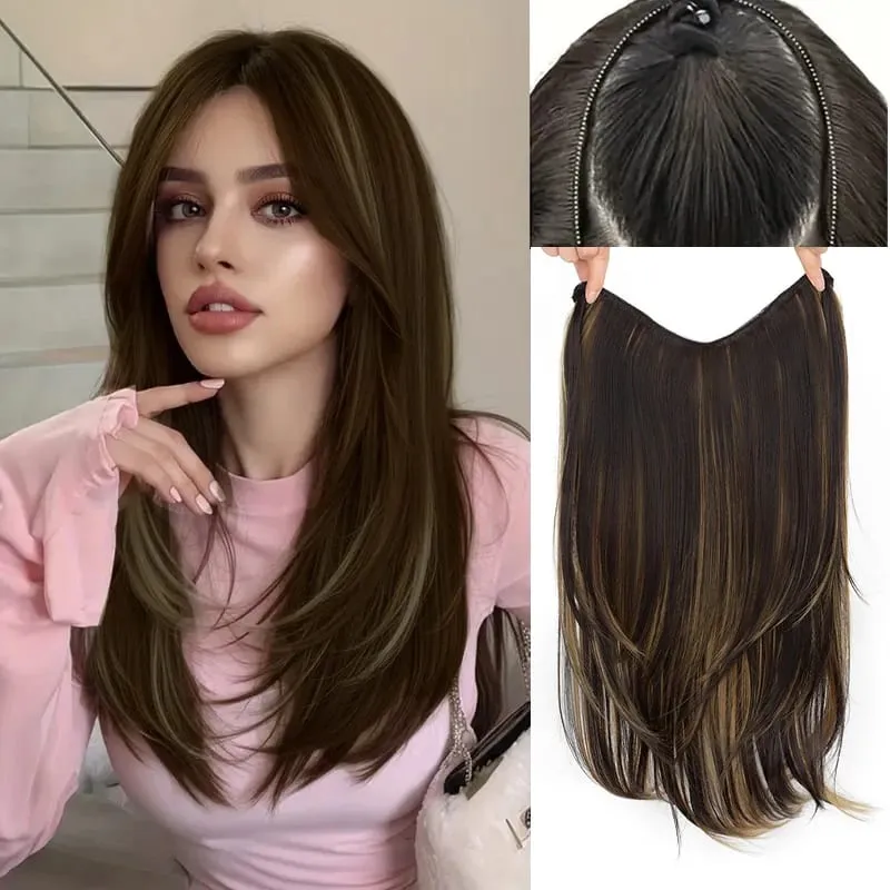 22 Inch U Shape One Piece Hair Extensions Long Layered Inward Curly Synthetic Wig Invisible Seamless Hairpiece For Women Daily W