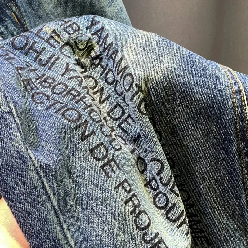 2025 Autumn/Winter New Men's Trendy Piercing Patch Jeans with Letter Printed Micro Loose Pants