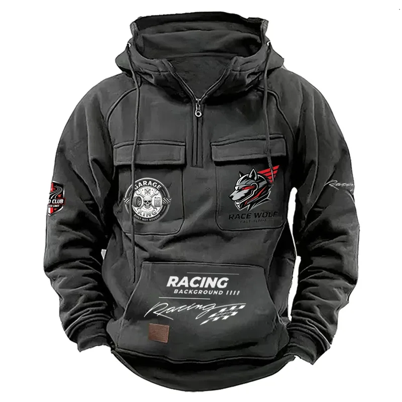 Men's Racing Suit With Large Pockets And Hooded Pullover. Men's Multi-pocket Outdoor Camping Hiking Sports Casual Jacket.