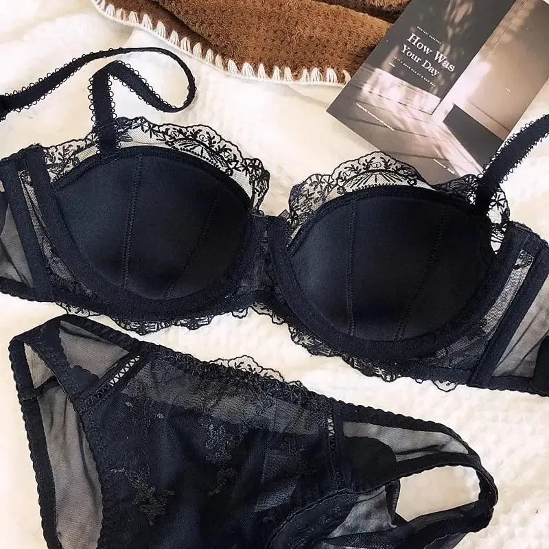 Ensemble deux pièces de lingerie en dentelle brodée française, soutien-gorge à armatures léger, respirant et doux avec soutien léger pour les petites poitrines