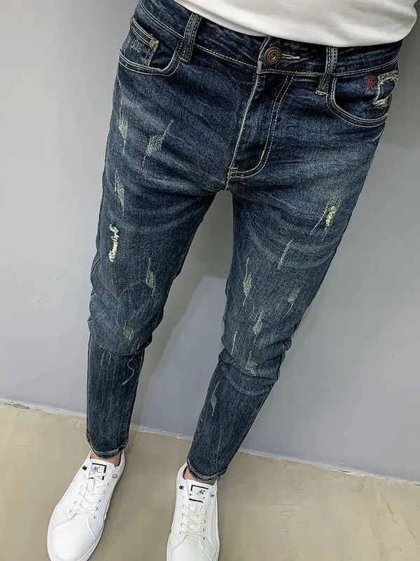 Harajuku Fashion Autumn New Blue Jeans Men's Trendy Brand Scratches Cargo Work Korean Slim-fitting Trousers Luxury Elastic Pants