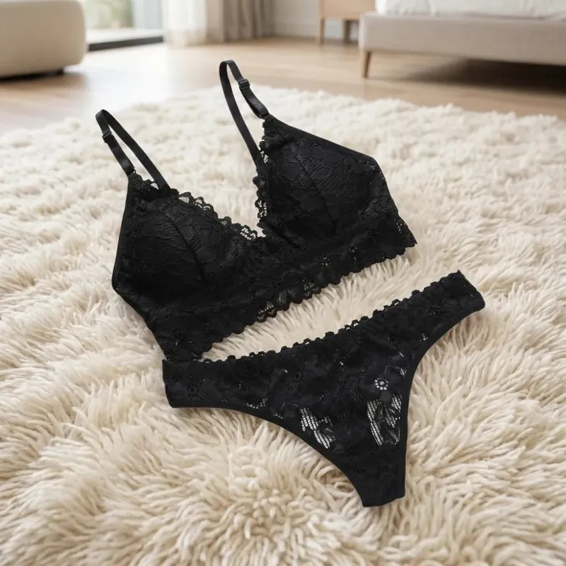 Underpants V Neck Lace Flower Bra Set Solid Color Thong Floral Panties Bra Kit Lingerie T-Back Lace Underwear Women — image 4