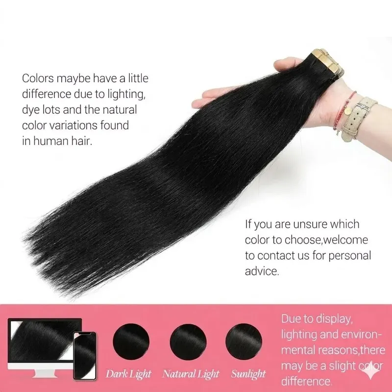 100% Human Hair Tape In Extensions 20 Inch Invisible Seamless PU Skin Weft No Weft Raw Hair Extensions Natural Black Color Adhesive Tape Ins Hair Extension For Women — image 5