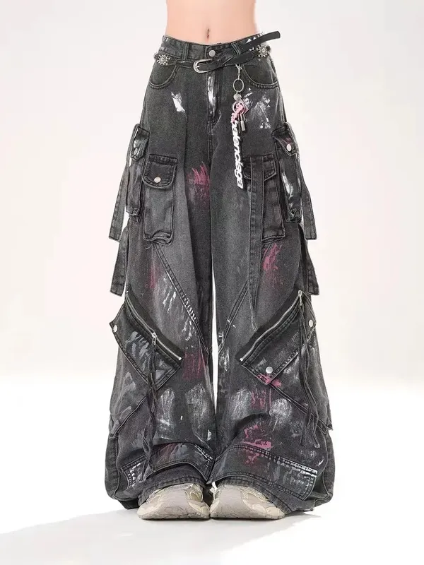 2000s Y2K heavy industry drag pants Gothic multi-pocket hip hop wide leg jeans washed black jeans men and women street pants