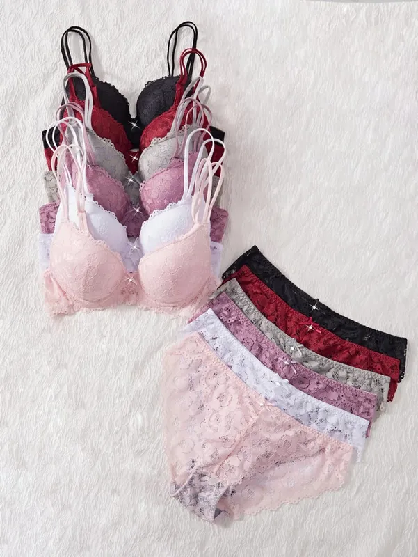 6-Piece Set Women's Bra and Panties Set Sexy Patterned Lace Patchwork No Lining Comfortable Fitting Women's Push-Up Bra Women's Underwear Set