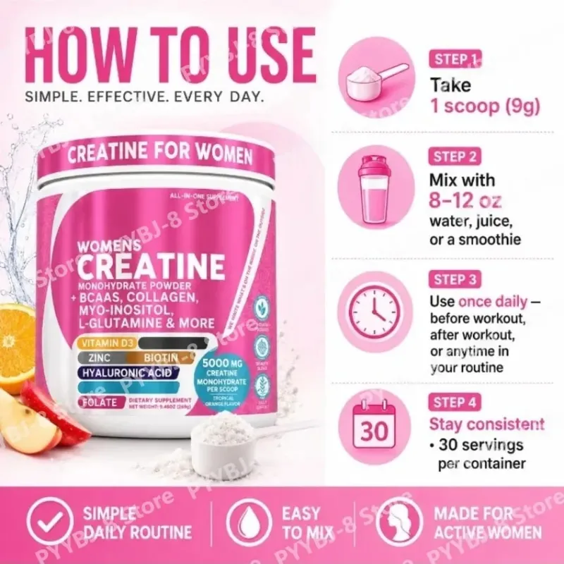 Kvinders kreatinmonohydratpulver 5000mg BCAA Multi-Collagen Biotin Vitamin D3 Tropical Orange Sports Nutrition 30 portioner