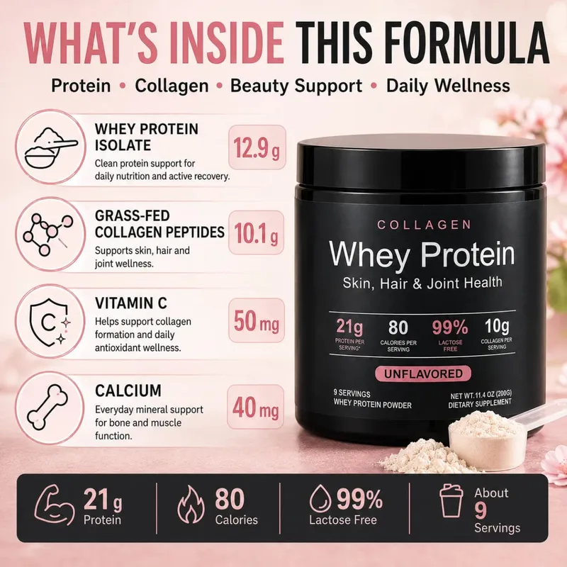 Collagen Whey Protein Powder 21g Protein 10g Collagen Peptides Unflavored 99% Lactose Free Fitness Nutrition Shake 9 Servings