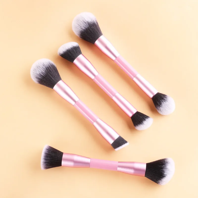 4Pcs Pink Double-Ended Makeup Brushes Set Easy Grip Plastic Handle Eyeshadow & Loose Powder Brushes