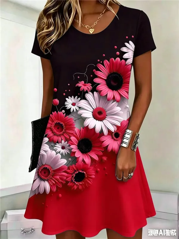 Fashion Street Floral Pattern Women Mini Dresses Summer Short Sleeve 3D Flower Printed Ladies Dress O-Neck Loose Casaul Dress — image 2