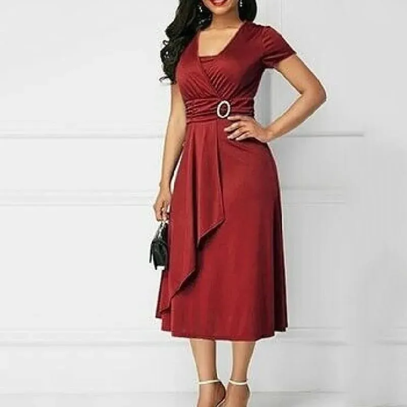 We.Fine Dress Women Solid Color Short Sleeve V Neck Asymmetric Hem Waist Midi Party Dress Elastic Female Dresses Woman Vestidos