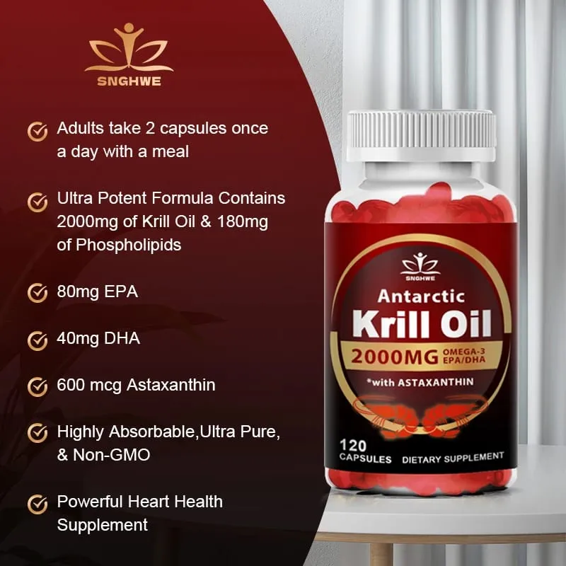 2000 mg d'huile de krill phospholipides oméga-3 EPA et DHA phospholipides et astaxanthine pour le régime de soutien immunitaire et cardiaque des articulations cérébrales