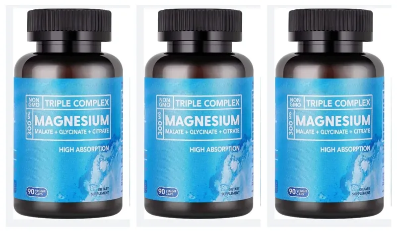 Triple Magnesium Complex 300mg Malate Glycinate Citrate High Absorption Daily Mineral Supplement Vegan Non GMO 90 Veggie Caps