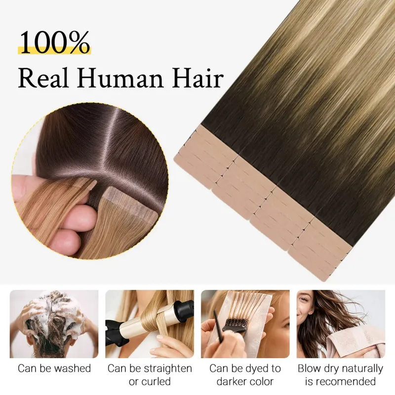 Sunmofavo Invisible Tape In Hair Extensions Seamless Full Thick Silky Straight Ombre Walnut Brown 10Pcs 100% Remy Human Hair