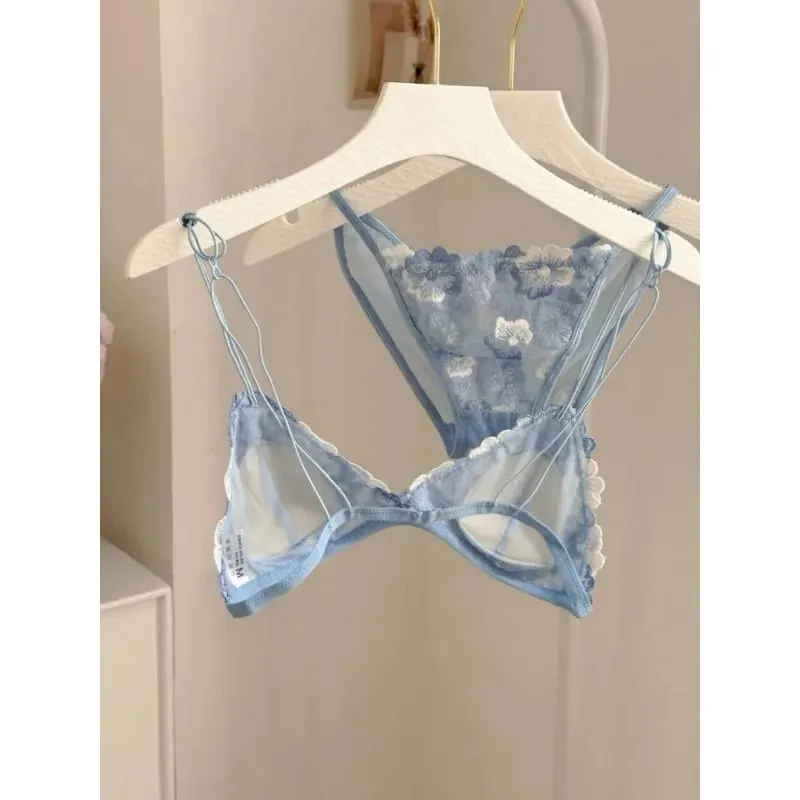 French Style Triangle Cup Bralette Embroidered Lace Wireless Hollow Out Pure Desire Lingerie Set CA MOYIU Sexy Bra Panty & Tushy