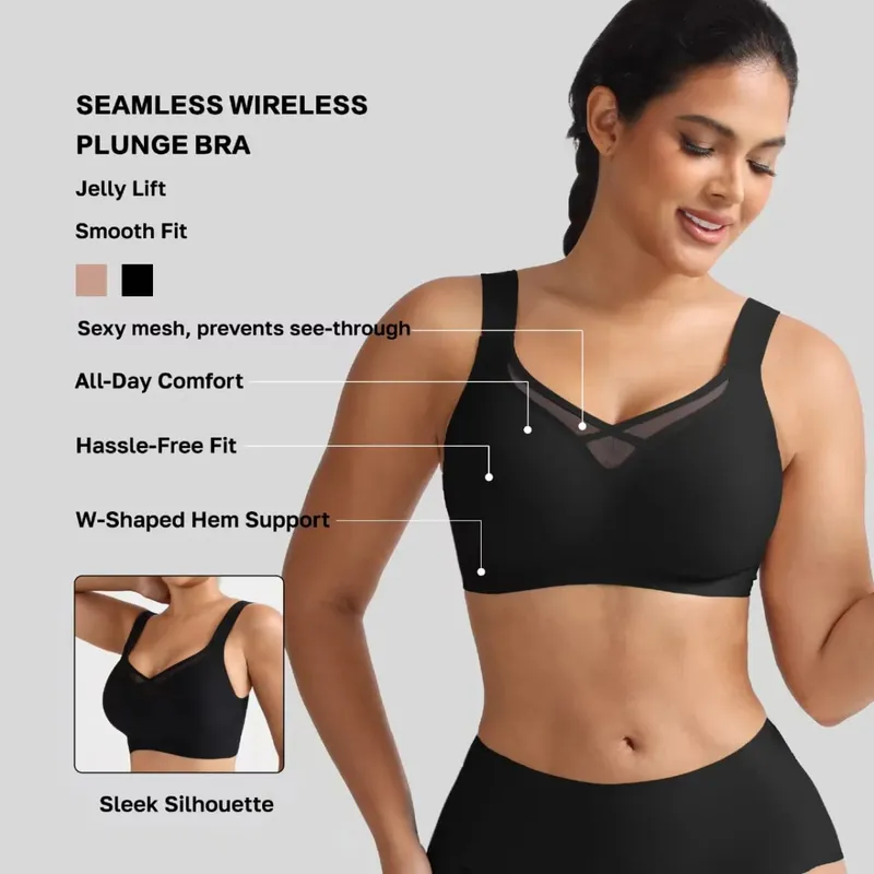 Plus Size Lingerie Set Sexy Mesh Seamless Wireless Plunge Bra Set - Soft Support Push up Lingerie for Women