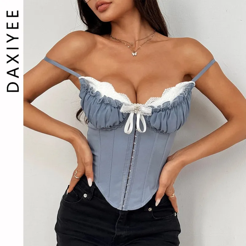 Haut court Sexy en dentelle, col en V, Y2K, Patchwork plissé, nœud papillon, Top Corset, dos nu, Slim, Camisole, Bustier en forme d'arête de poisson