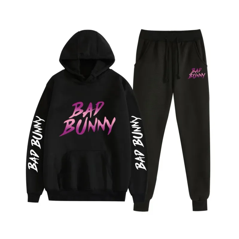 Harajuku Comfortable bad bunny Print Sweatshirt Sweatpants Suit Women's Hoodies+ Trousers Suit Boys/Girls 2 Piece Set Clothes