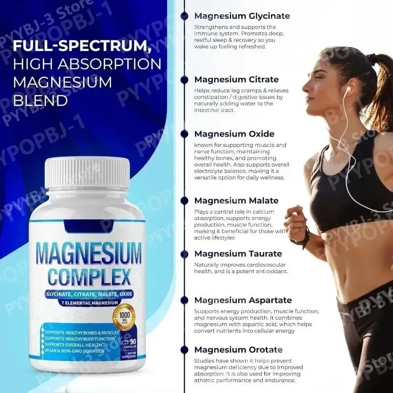 Supplément de magnésium 1000 mg complexe 7 en 1 avec glycinate citrate malate taurate soutient la relaxation musculaire soutien au sommeil 90 Ct