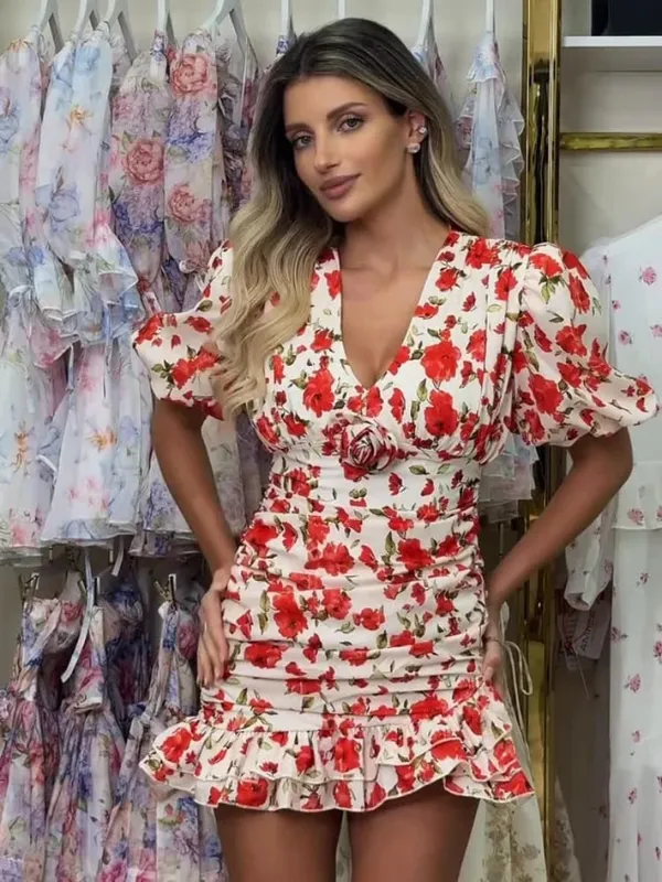 Elegant Floral Print Women Mini Dress With Waistband Chic Turndown Collar Puff Sleeve A-line Dresses Lady Summer Daily Vestidos