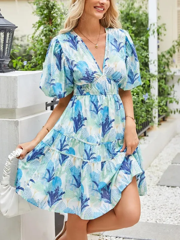 New Summer Comfortable and Loose-Fitting Short-Sleeve Casual Women's Dress with an Elegant V-Neck and Fashionable Print