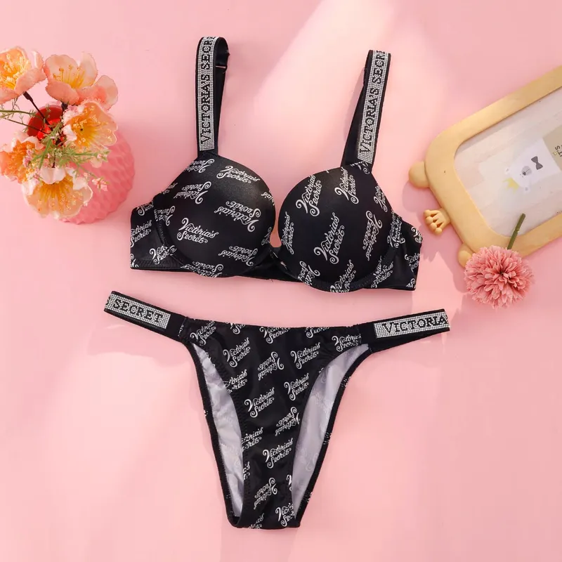 Victoria s Secret Rhinestone Logo Shoulder Straps Lace Underwear Sexy Lingerie Set Push Up Bra And Panties Set For Women — image 6
