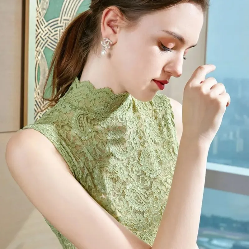 Elegant Half High Collar Floral Tank Tops Hollowed-out Black White T Shirt Sleeveless Vest Women Girls